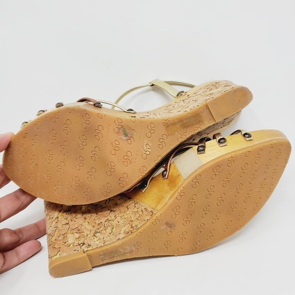 Jessica Simpson Cork  Foil Leather Straps Wooden Retro Wedges Sz 9B - Picture 6 of 10